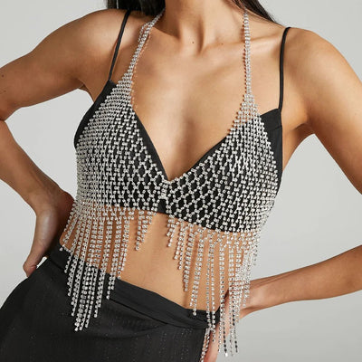 Silver Rhinestone Fringe Festival Halter Top -Rave Bras -Rave Mates