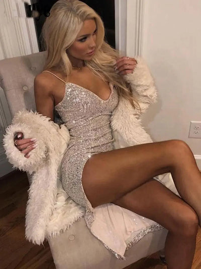 Silver Sequin Thigh-Slit Midi Dress -Going Out Dresses -Rave Mates