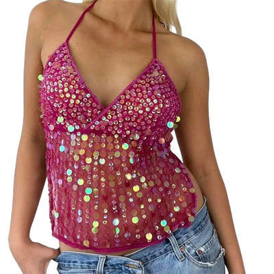 Sparkly Sequin Mesh Rave Top – Festival Halter Crop Top -Rave Crop Tops -Rave Mates