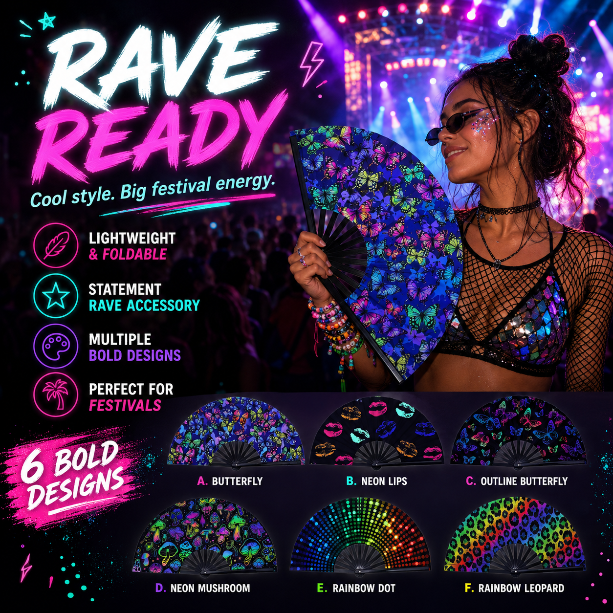 UV Fluorescent Rave Folding Fan – Bamboo Festival Fan -Rave Outfit Addons -Rave Mates