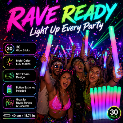 10/20/30/40/50/60pcs Rave Glow Sticks | LED Foam Soft Batons -LED lights -Rave Mates