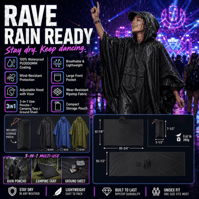 3-in-1 Waterproof Rain Poncho – Festival & Camping Essential -Rave Jacket -Rave Mates