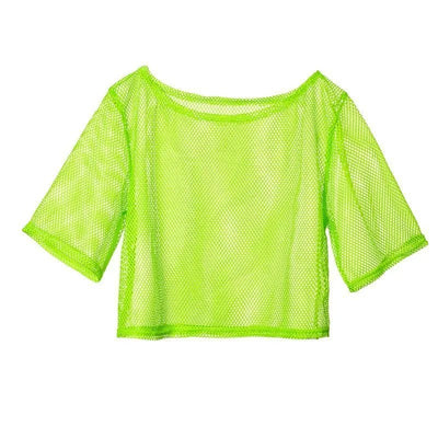 80s Neon Mesh Rave Top – Retro Festival Fishnet Tee -Women's Rave Outfits -Rave Mates