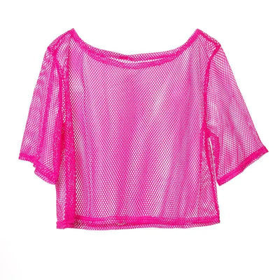 80s Neon Mesh Rave Top – Retro Festival Fishnet Tee -Women's Rave Outfits -Rave Mates