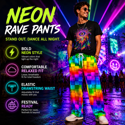 Men’s Neon Pixel Rave Trousers – Colourful Festival Pants