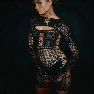 Black Cutout Fishnet Rave Bodysuit