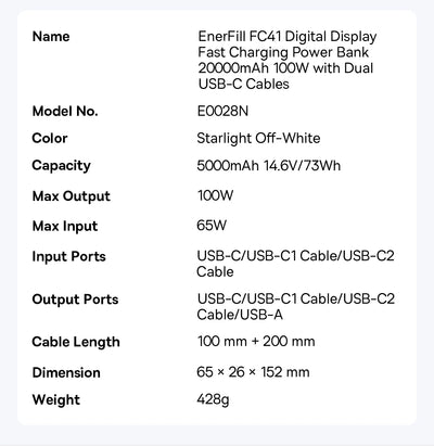 Baseus EnerFill FC41 100W 20000mAh Power Bank with Built-In Dual USB-C Cables