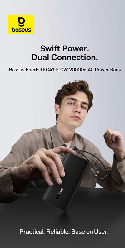 Baseus EnerFill FC41 100W 20000mAh Power Bank with Built-In Dual USB-C Cables - Rave Mates