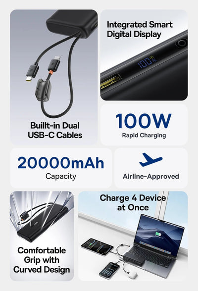 Baseus EnerFill FC41 100W 20000mAh Power Bank with Built-In Dual USB-C Cables - Rave Mates
