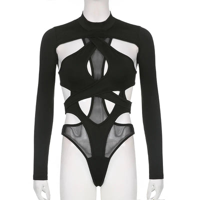 Black Cut-Out Mesh Bodysuit – Rave Ready Festival Outfit -Rave Bodysuits -Rave Mates