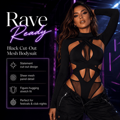 Black Cut-Out Mesh Bodysuit – Rave Ready Festival Outfit -Rave Bodysuits -Rave Mates