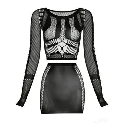 Black Mesh Rave Set – Long Sleeve Crop Top & Mini Skirt -Women's Rave Outfits -Rave Mates