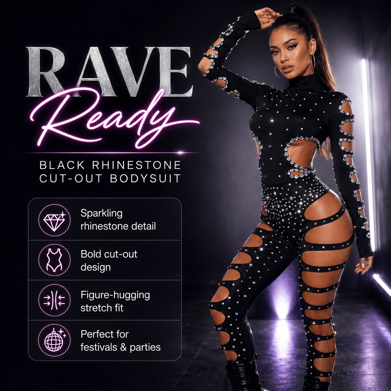 Black Rhinestone Cut-Out Rave Bodysuit -Rave Bodysuits -Rave Mates