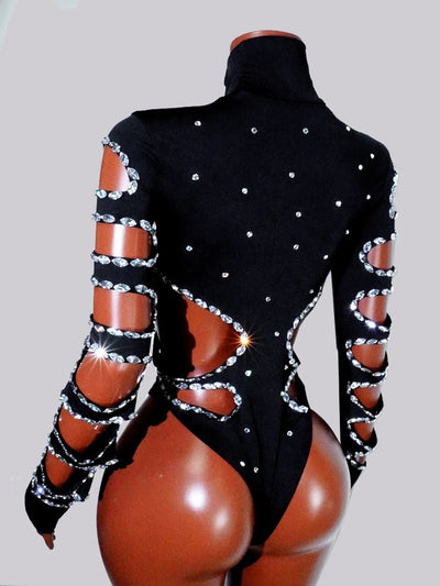 Black Rhinestone Cut-Out Rave Bodysuit -Rave Bodysuits -Rave Mates