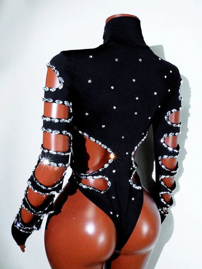 Black Rhinestone Cut-Out Rave Bodysuit -Rave Bodysuits -Rave Mates