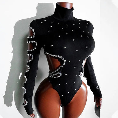 Black Rhinestone Cut-Out Rave Bodysuit -Rave Bodysuits -Rave Mates