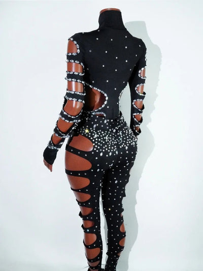 Black Rhinestone Cut-Out Rave Bodysuit -Rave Bodysuits -Rave Mates