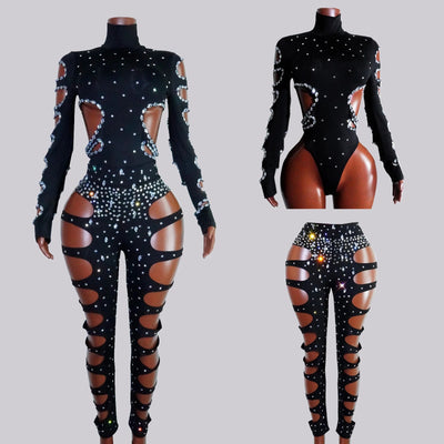 Black Rhinestone Cut-Out Rave Bodysuit -Rave Bodysuits -Rave Mates