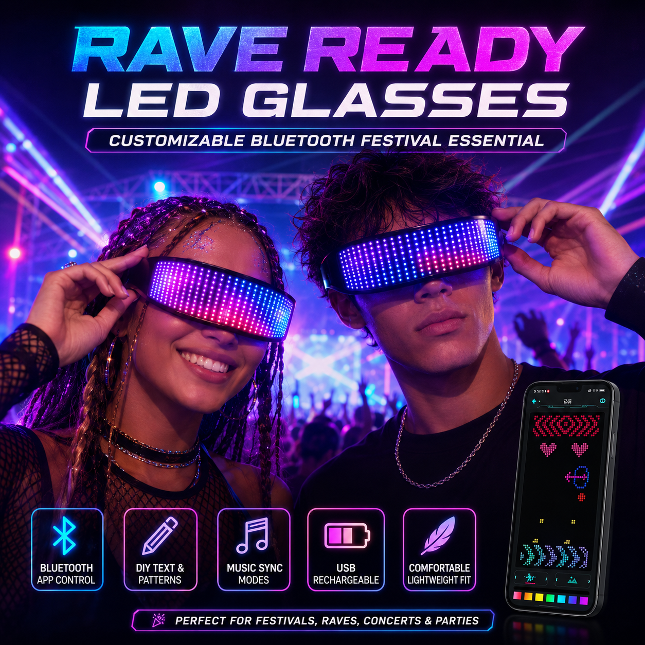 Bluetooth LED Rave Glasses – Customizable Party Glasses -Rave Outfit Addons -Rave Mates