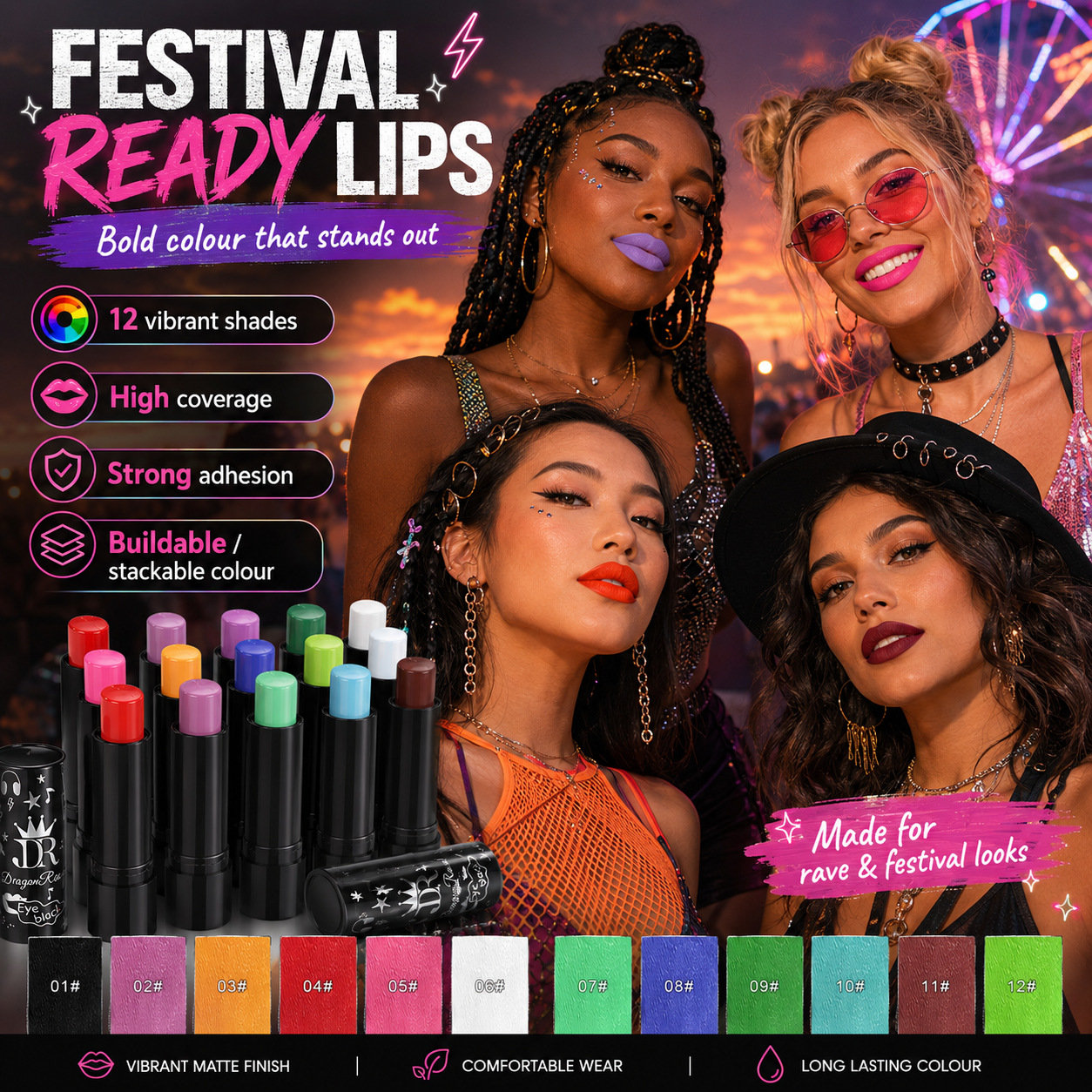 Dragon Ranee Velvet Matte Lipstick – 12 Vibrant Festival Shades -Rave Outfit Addons -Rave Mates