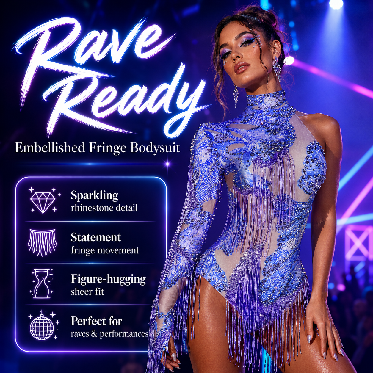 Embellished Fringe Rave Bodysuit – Sparkle Festival Outfit -Rave Bodysuits -Rave Mates