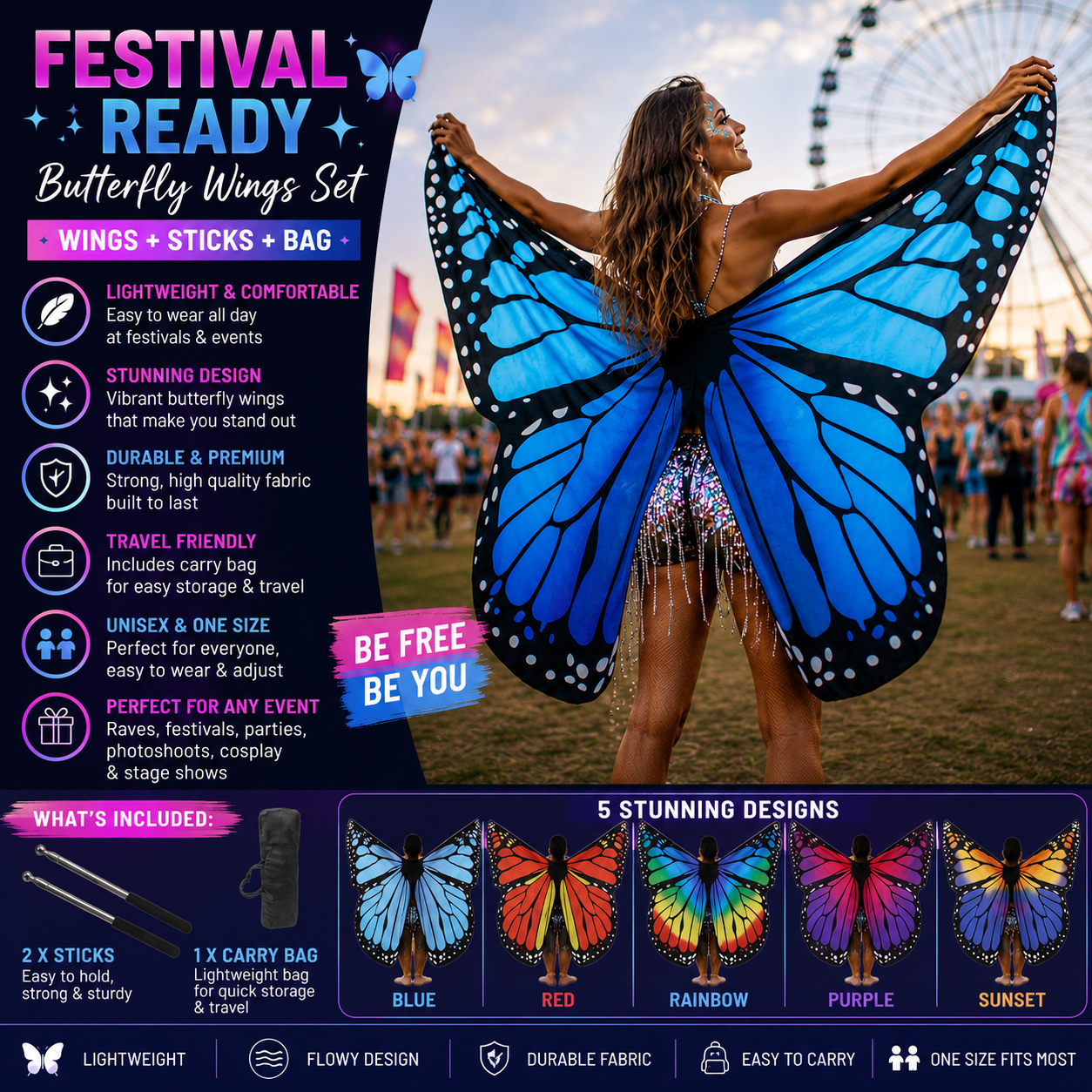 Festival Butterfly Wings Set – Wings, Sticks & Carry Bag -Rave Outfit Addons -Rave Mates
