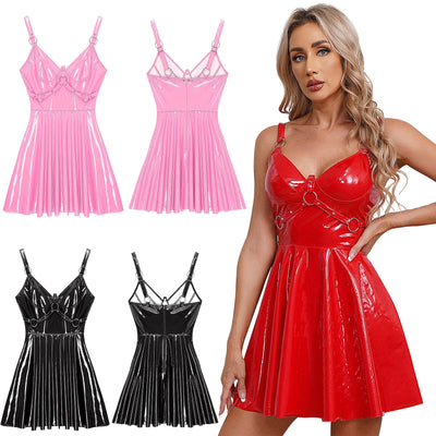 Glossy Patent Leather Rave Mini Dress -Women's Rave Outfits -Rave Mates