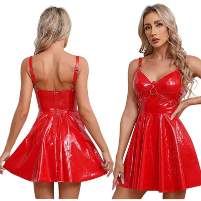 Glossy Patent Leather Rave Mini Dress -Women's Rave Outfits -Rave Mates