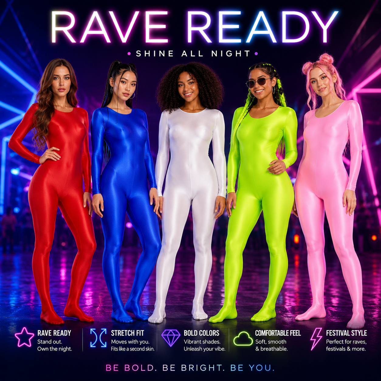 Glossy Rave Bodysuit – Full Body Festival Unitard -Rave Bodysuits -Rave Mates