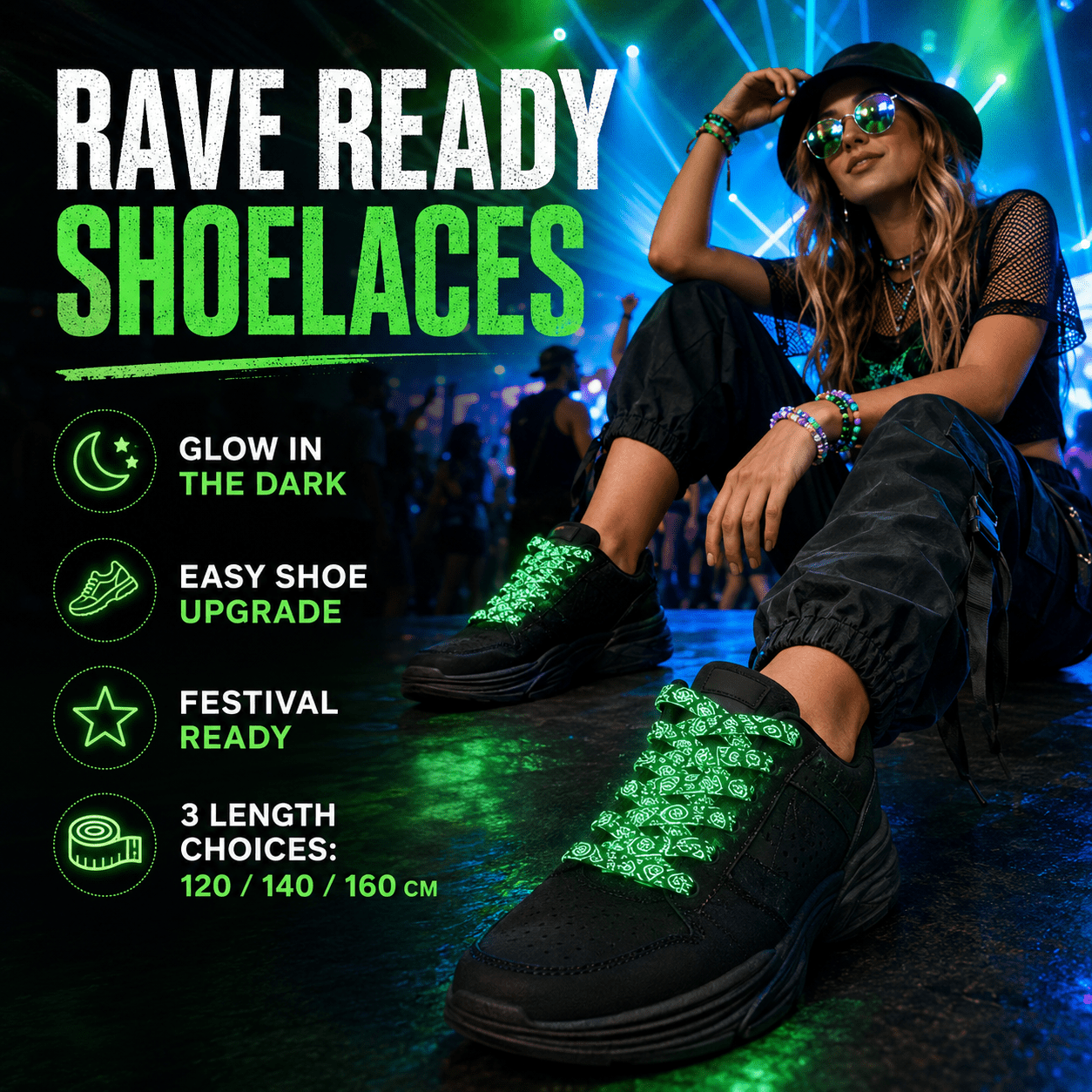 Glow In The Dark Rave Shoelaces – Festival Ready Laces -Rave Shoes -Rave Mates