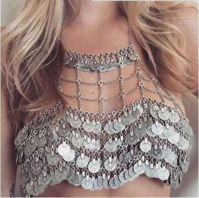 Gold & Silver Coin Chain Festival Top – Rave Ready Body Jewellery -Rave Crop Tops -Rave Mates