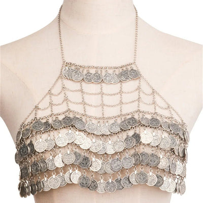 Gold & Silver Coin Chain Festival Top – Rave Ready Body Jewellery -Rave Crop Tops -Rave Mates