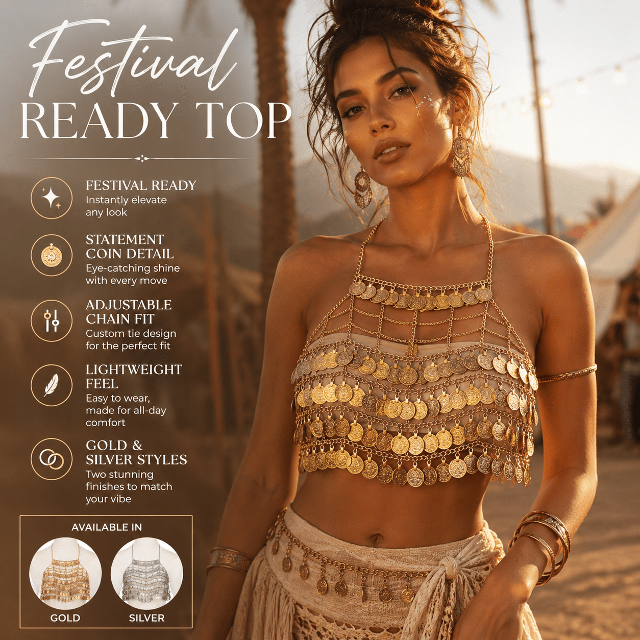Gold & Silver Coin Chain Festival Top – Rave Ready Body Jewellery -Rave Crop Tops -Rave Mates