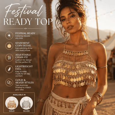 Gold & Silver Coin Chain Festival Top – Rave Ready Body Jewellery -Rave Crop Tops -Rave Mates