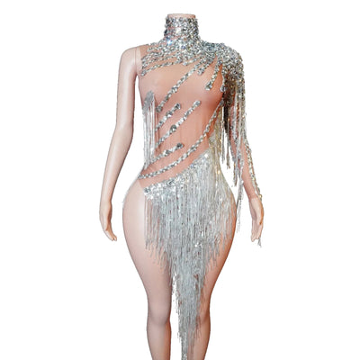 Green Crystal Fringe Rave Bodysuit – Festival Statement Outfit -Rave Bodysuits -Rave Mates