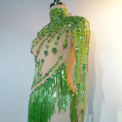 Green Crystal Fringe Rave Bodysuit – Festival Statement Outfit -Rave Bodysuits -Rave Mates