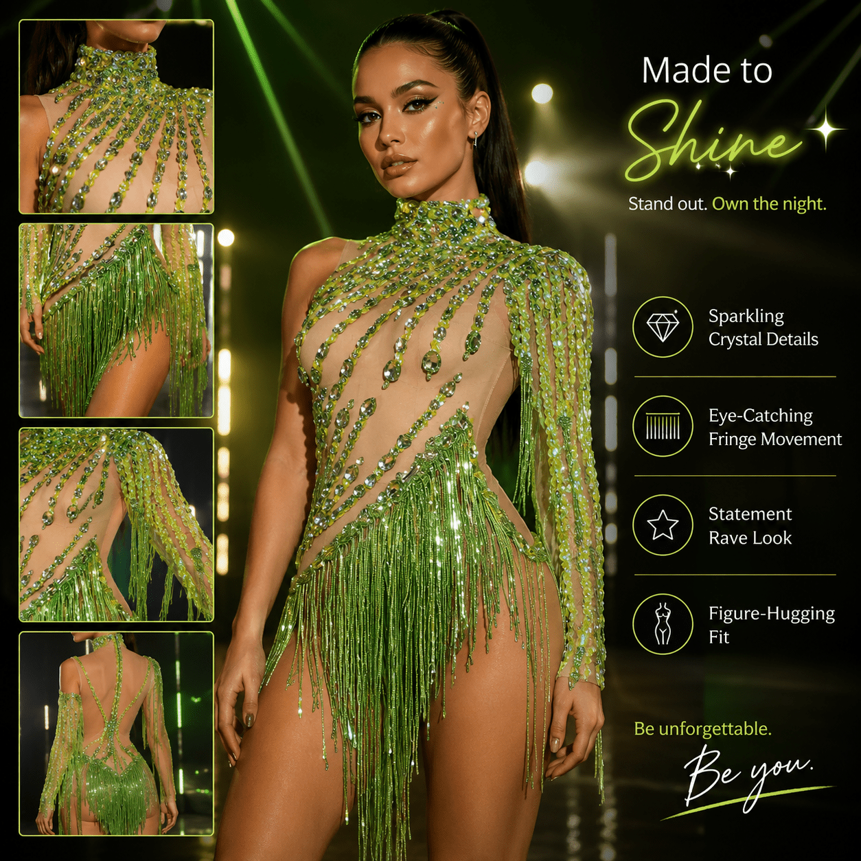 Green Crystal Fringe Rave Bodysuit – Festival Statement Outfit -Rave Bodysuits -Rave Mates