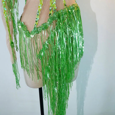 Green Crystal Fringe Rave Bodysuit – Festival Statement Outfit -Rave Bodysuits -Rave Mates