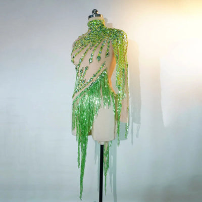 Green Crystal Fringe Rave Bodysuit – Festival Statement Outfit -Rave Bodysuits -Rave Mates