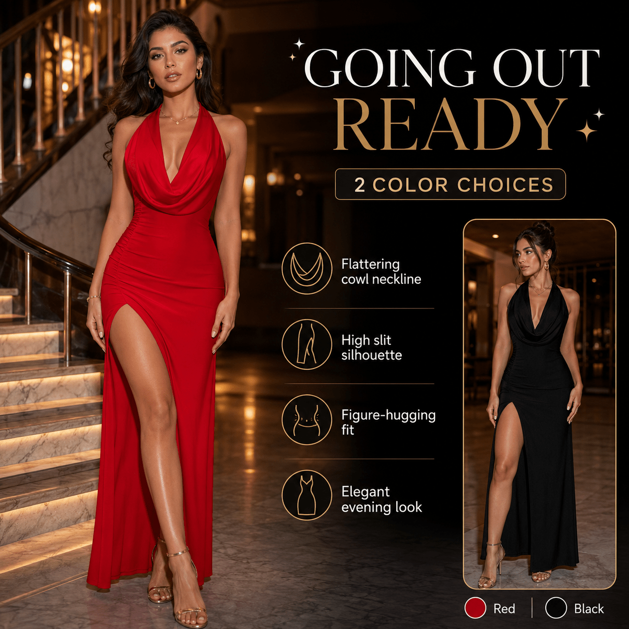 Halter Cowl Neck High Slit Maxi Dress – Red & Black -Going Out Dresses -Rave Mates