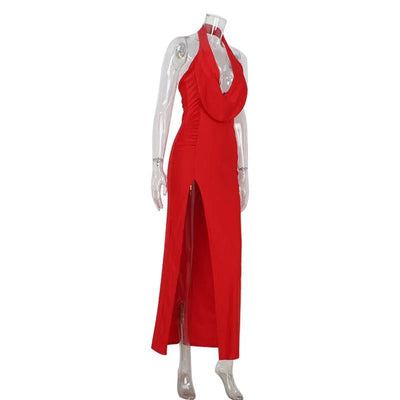 Halter Cowl Neck High Slit Maxi Dress – Red & Black -Going Out Dresses -Rave Mates