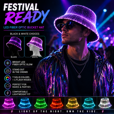 LED Fiber Optic Bucket Hat – Rave & Festival Light-Up Hat -Rave Accessories -Rave Mates