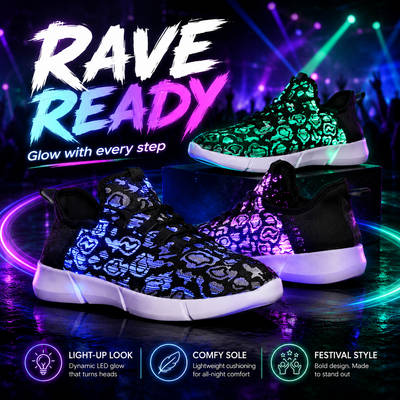 LED Fiber Optic Rave Sneakers – Glow Festival Shoes, Color Black ,Size 25-46 -Rave Shoes -Rave Mates