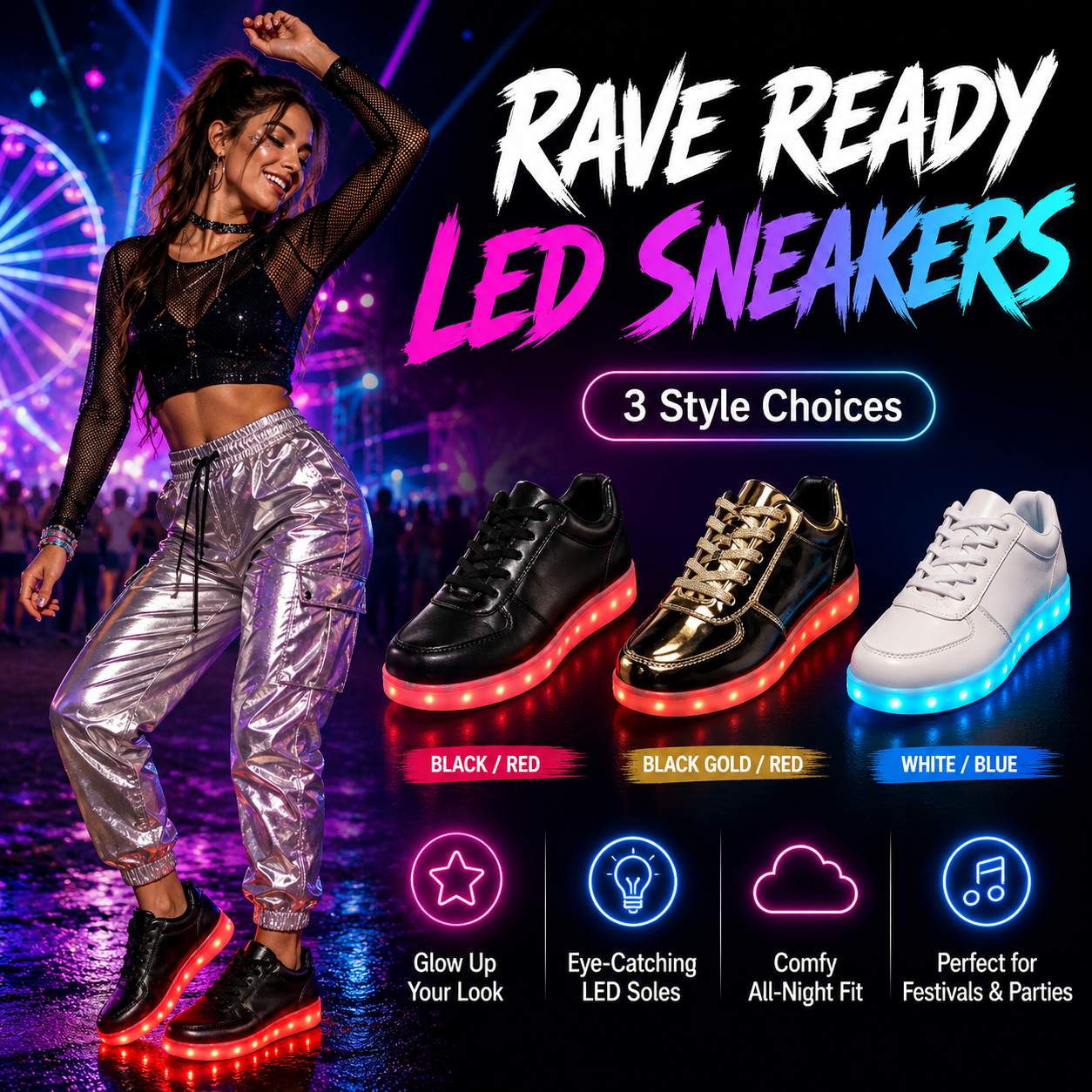 LED Light Up Rave Sneakers – 3 Style Choices -Rave Shoes -Rave Mates
