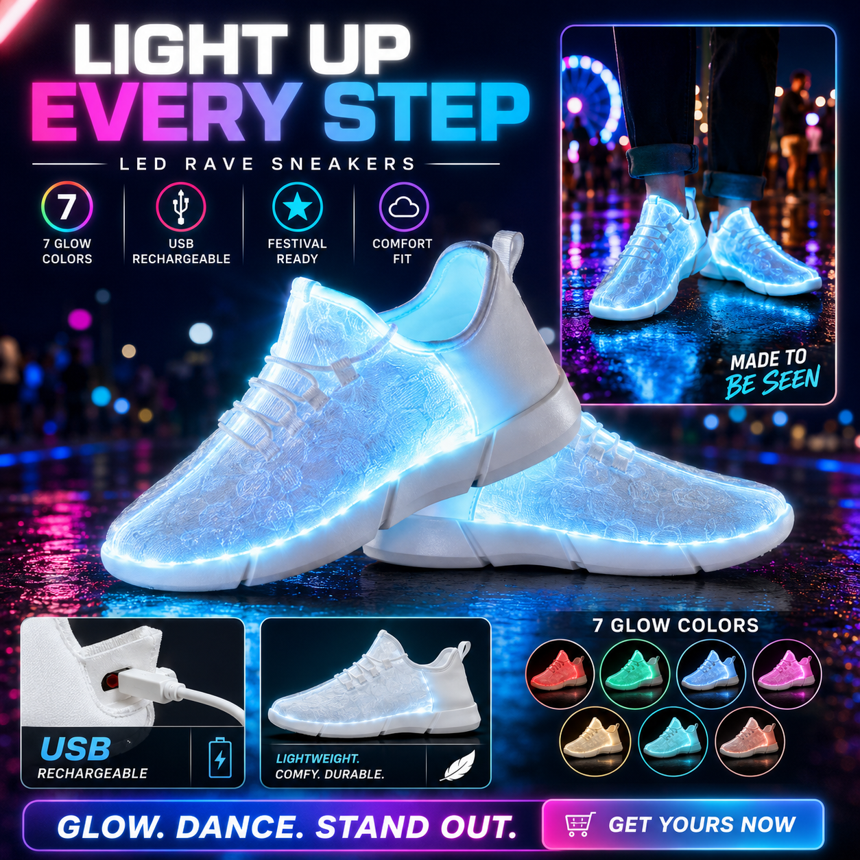 LED Light-Up Rave Sneakers – USB Rechargeable Glow Shoes Size 25-46 -Rave Shoes -Rave Mates