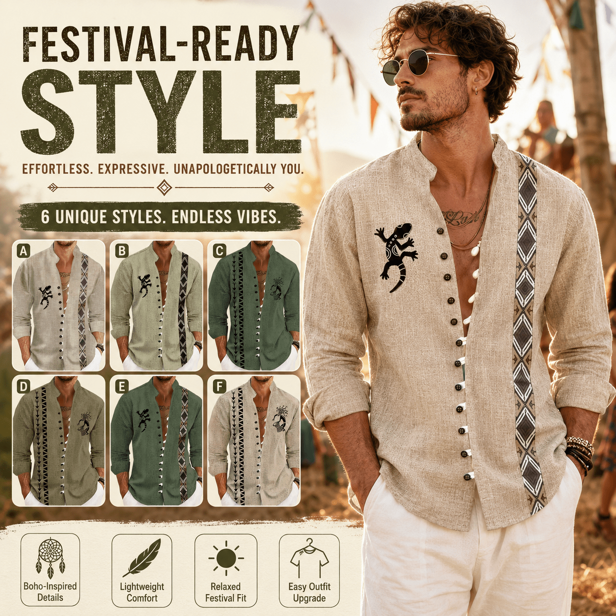 Men’s Boho Festival Shirt – Tribal Long-Sleeve Button Top -Man's Rave Outfits -Rave Mates