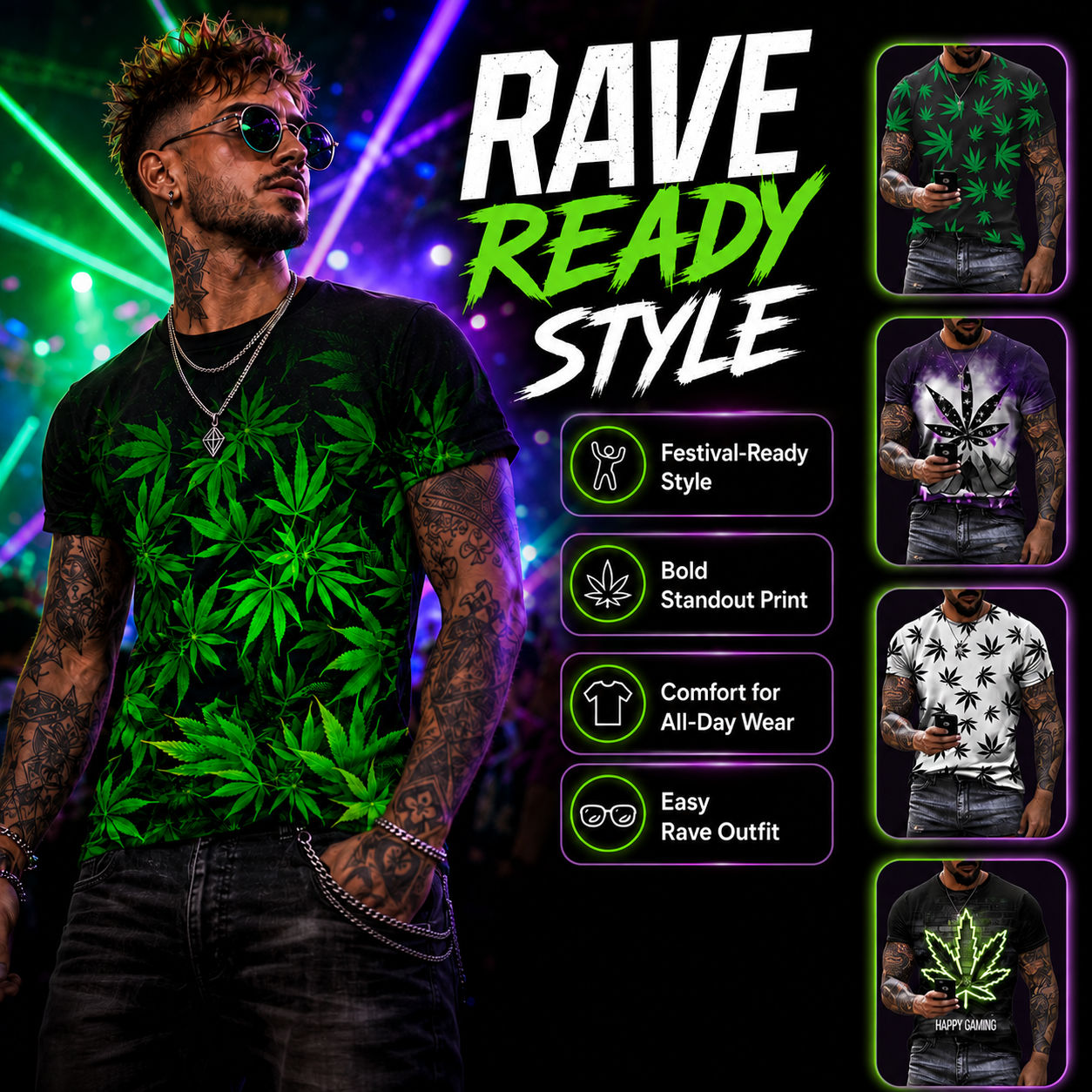 Men’s Cannabis Leaf Rave T-Shirt – Festival Graphic Top -Man's Rave Outfits -Rave Mates
