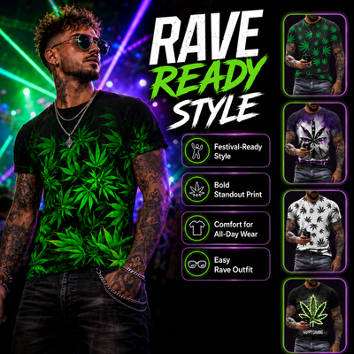 Men’s Cannabis Leaf Rave T-Shirt – Festival Graphic Top -Man's Rave Outfits -Rave Mates