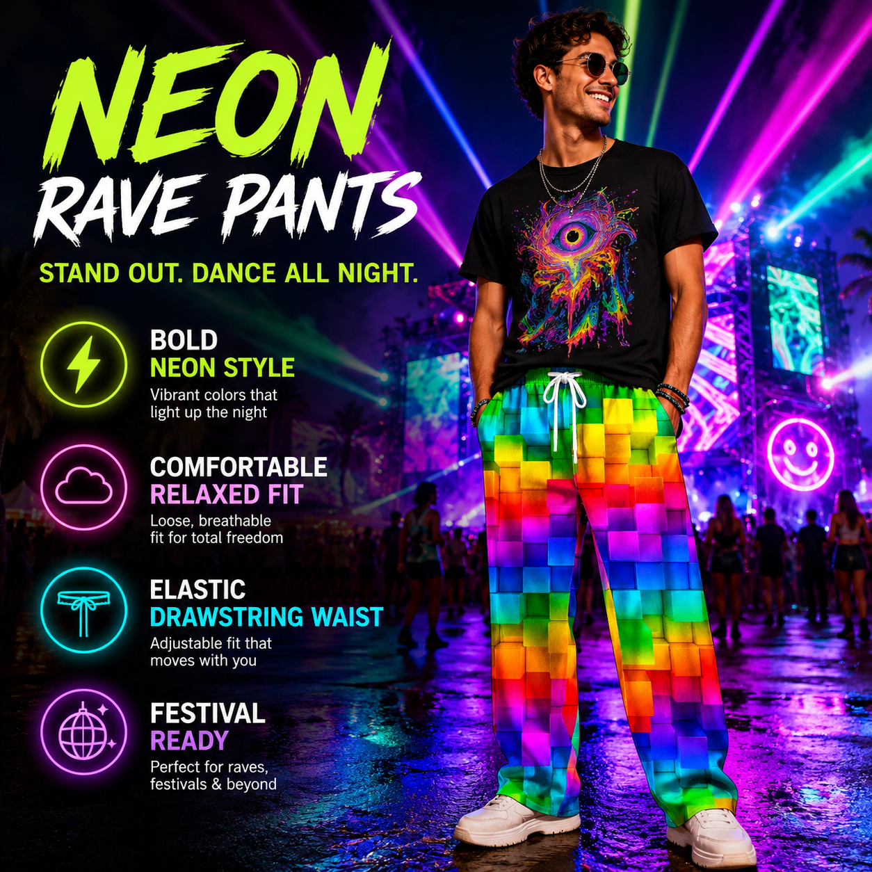 Men’s Neon Pixel Rave Trousers – Colourful Festival Pants -Man's Rave Outfits -Rave Mates