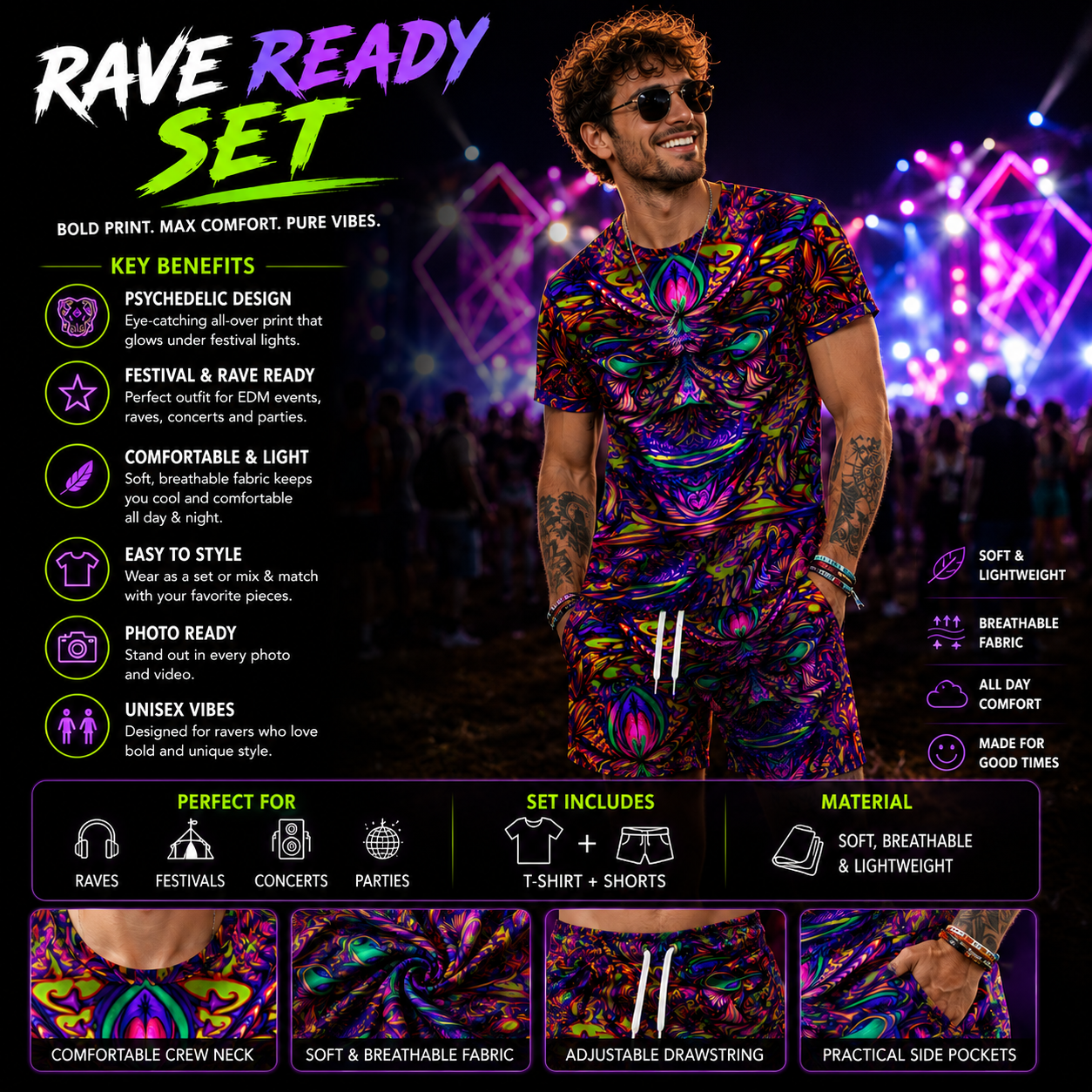 Men’s Psychedelic Rave Set – T-Shirt & Shorts Outfit -Man's Rave Outfits -Rave Mates